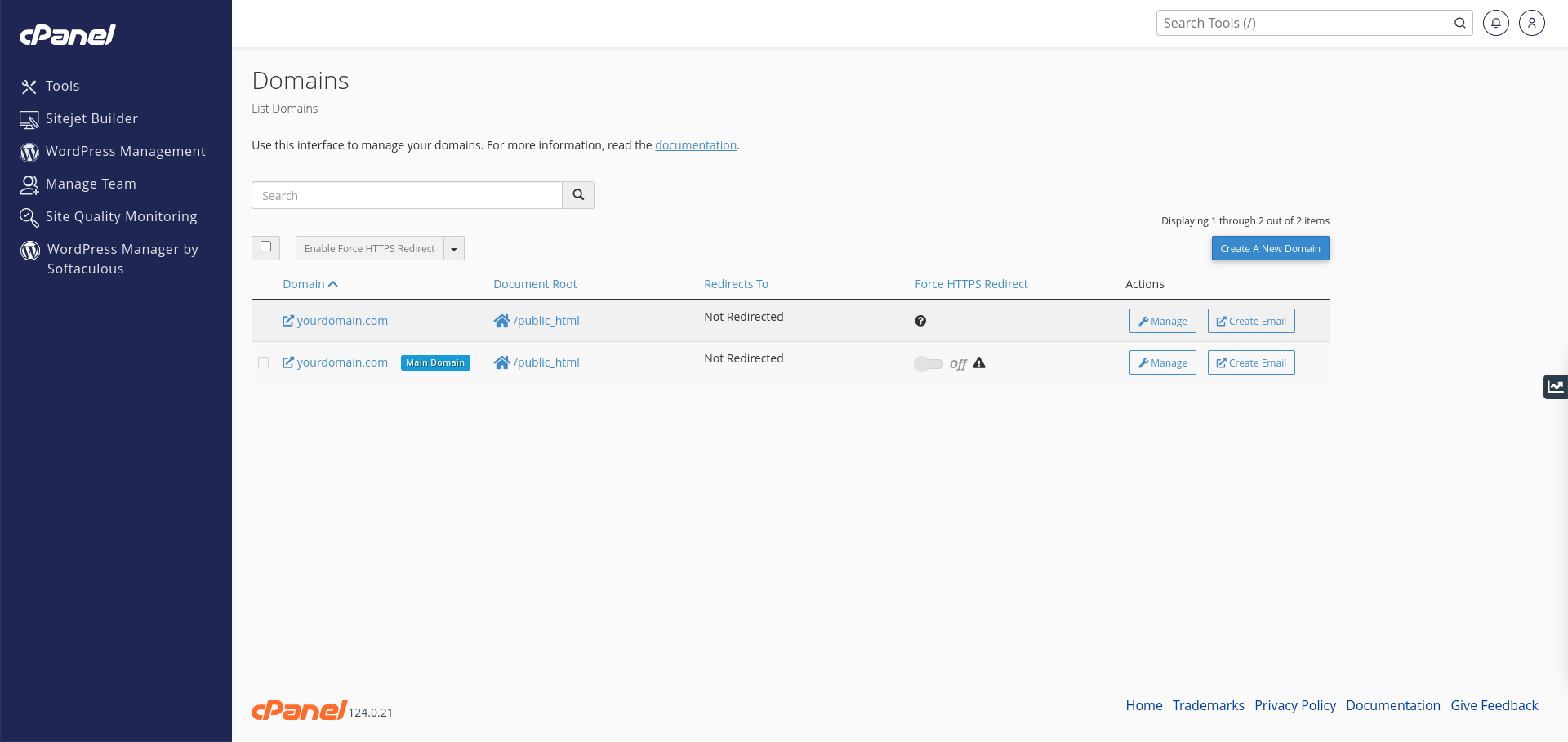 cPanel Domains Page