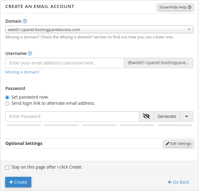 cPanel Create Email Account