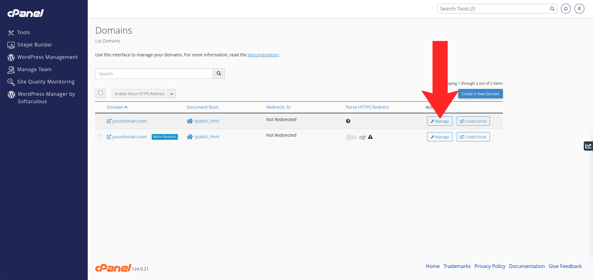 cPanel Manage Domain
